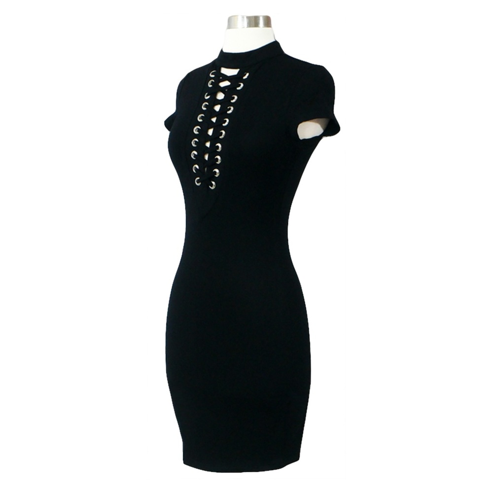 Black Lace up Eyelet Bodycon Mini Dress - Picture 6 of 8
